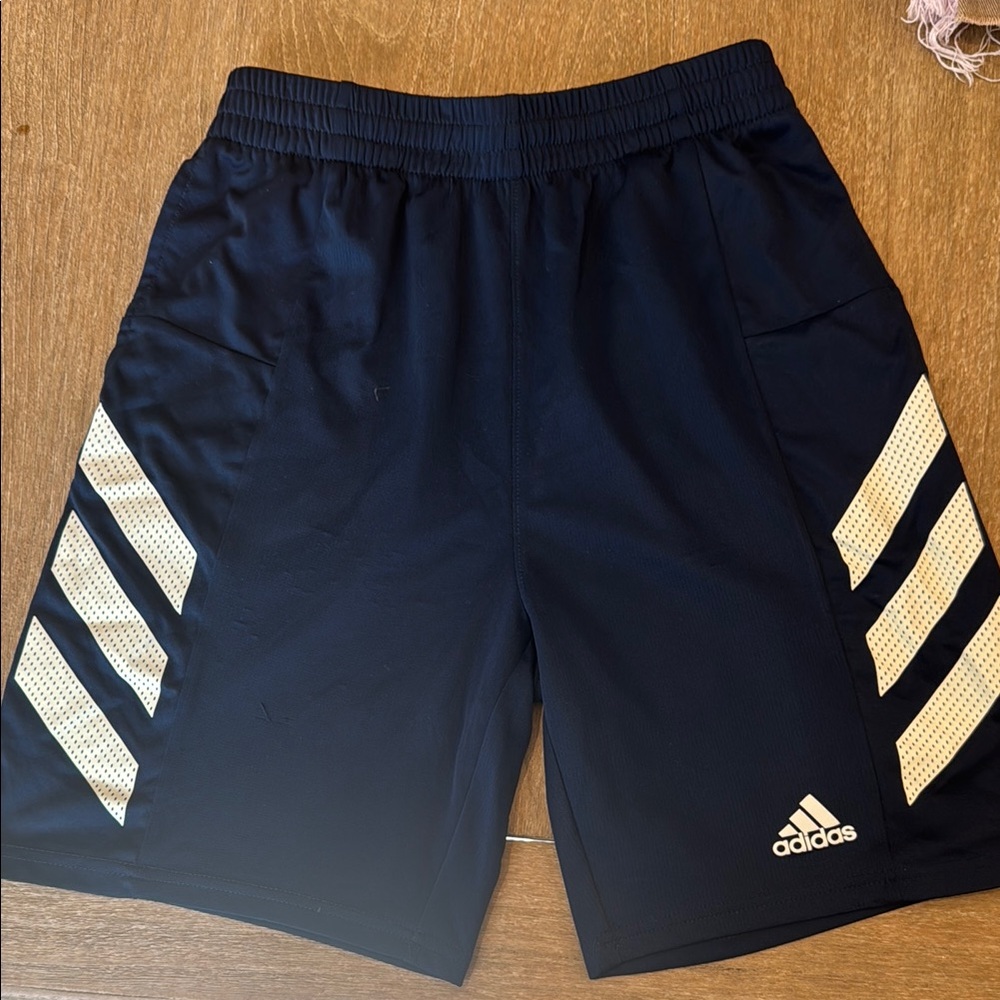 Adidas Blue and White Athletic Shorts with Stripes
